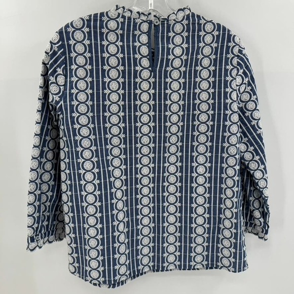Boden Boho Peasant Embroidered Top Sz 6 Blue White Boxy High Neck LS Bib Front - Picture 3 of 5